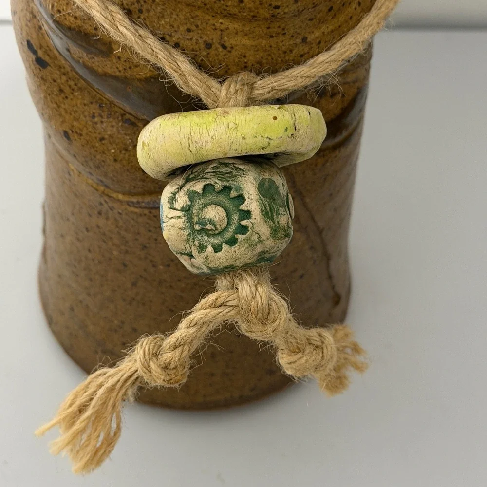 Vintage Studio Pottery Vase  Brown Rustic Stoneware Jute Bead Accent